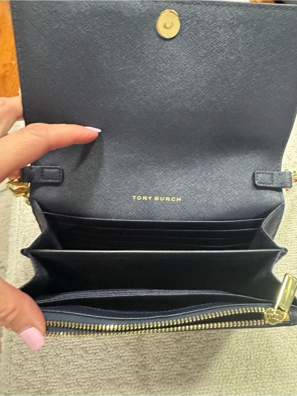 Tory Burch Navy Blue Leather Crossbody Wallet Bag | Gold Chain |never used